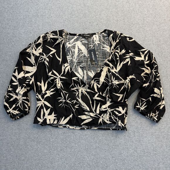 Express Shirt Women's Small Black Beige Sleeve Faux Wrap Top Linen Blend Blouse - Picture 1 of 8